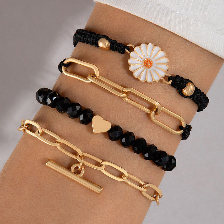 Moda Aleación Vintaoy Crisantemo Beads negros con brazalete de cuerda