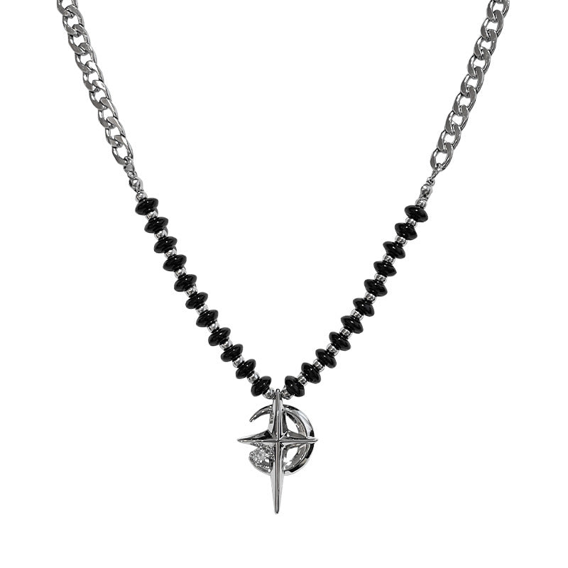 Black Beads Stitching Asterism Crescent Moon Necklace