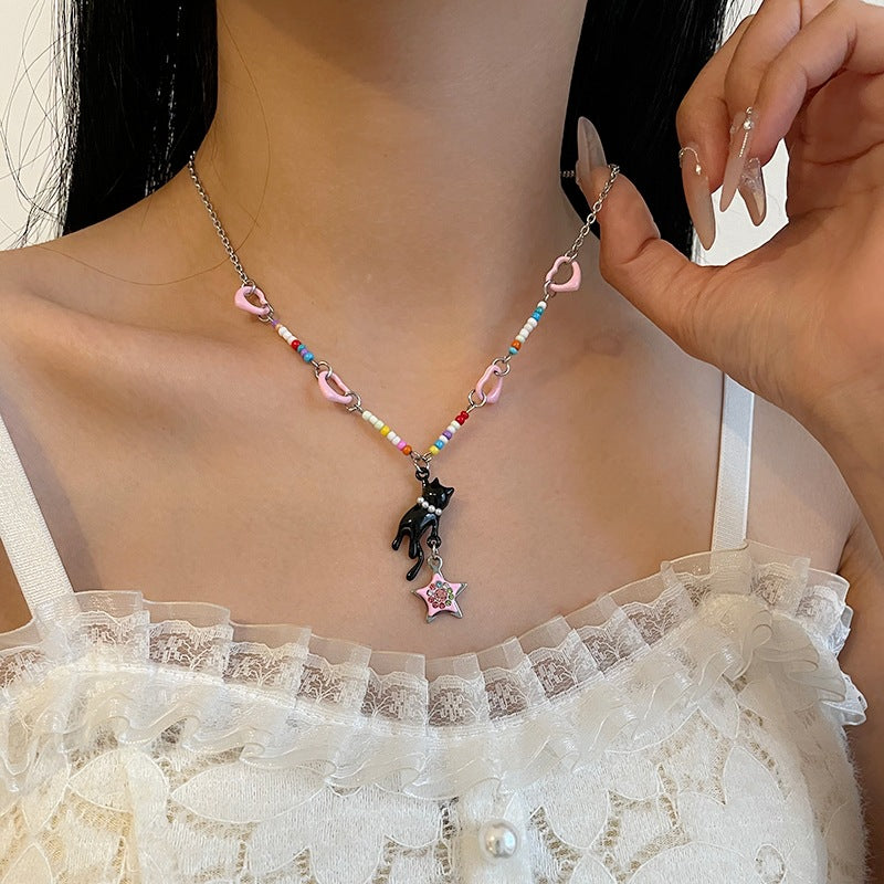 Buntes perlenförmige herzförmige mehrteilige Katzensterne Halskette