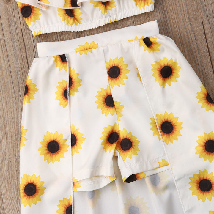 Children's Clothing New Sunflower SUNFLOWER Top Culottes Hair Band Three-piece Set