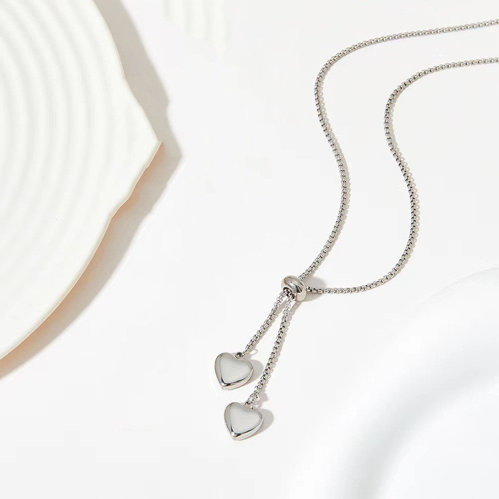 Korean-style Three-dimensional Glossy Double-heart Necklace