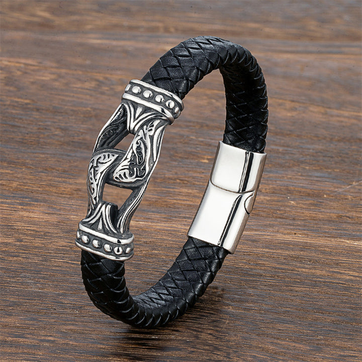Stainless Steel Jewelry Double Stirrup Tibetan Men's Authentic Leather Weave Bracelet