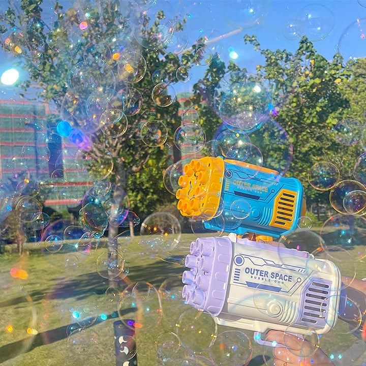 Bubble Gun Rocket 69 agujeros Burbujas Burbujas Forma de la ametralladora Soplador automático con juguetes ligeros para niños Pomperos
