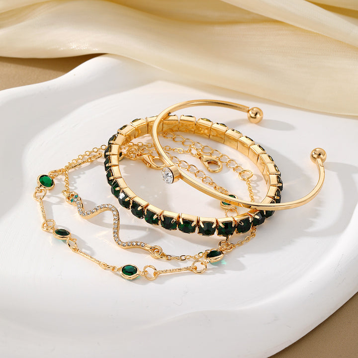 Fashion Green Grootmoeder Diamond Stretch Bracelet Dames 4-delige set