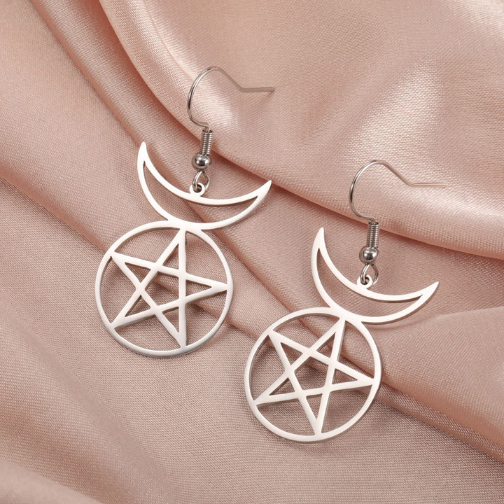 Pendientes de alto perfil y generosos huecos de acero inoxidable de luna pentagram