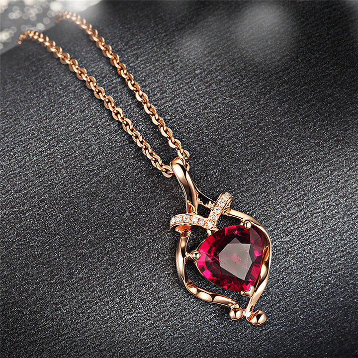 Women's Diamond Heart Pendant Necklace 18K Plated With Red Tourmaline