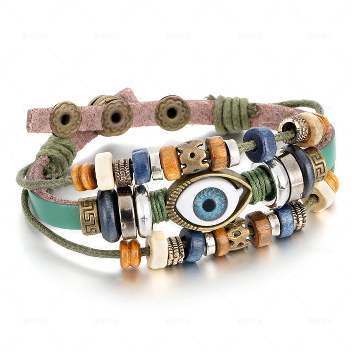 Bracelet de cordon en cuir tissé à la main multicouche de style ethnique populaire Bracelet en cuir réglable