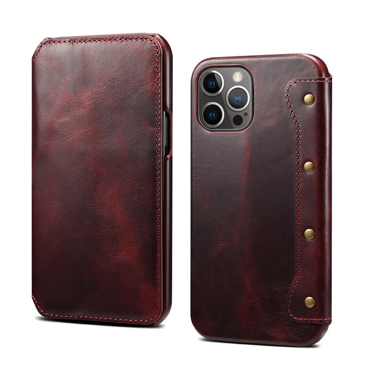 Oil Wax Simple First Layer Leather Phone Case Flip Card
