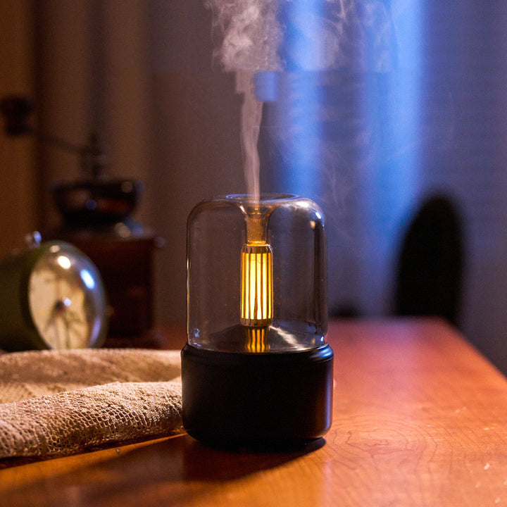 Légköri könnyű, párásító gyertyafényes aroma diffúzor hordozható 120 ml elektromos USB-levegő párásító hűvös köd készítő 8-12 óra LED-es éjszakai fényvel