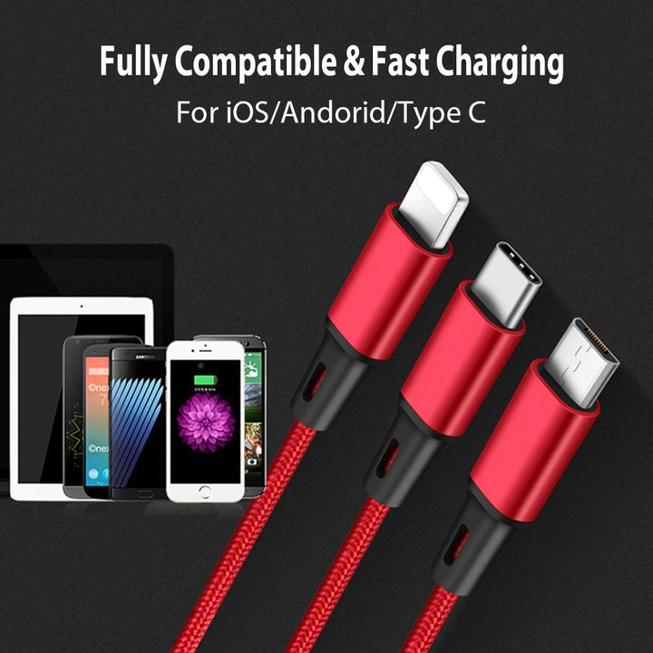 3 en 1 cable USB para 'iPhone XS Max xr x 8 7 Cable de cargador de cargador USB de cargador para cables de teléfono móvil de Android USB typec