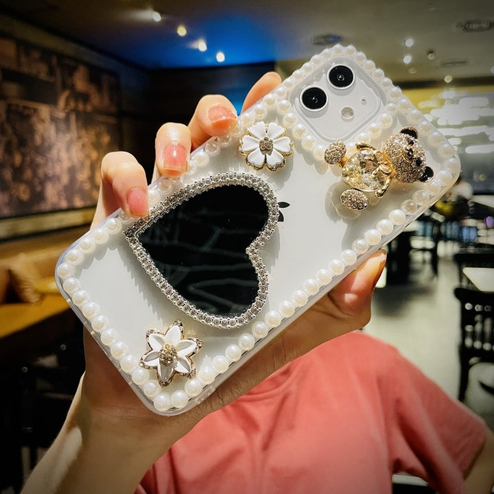Amor Heart Mirror Bling Back Pearl Phone Case