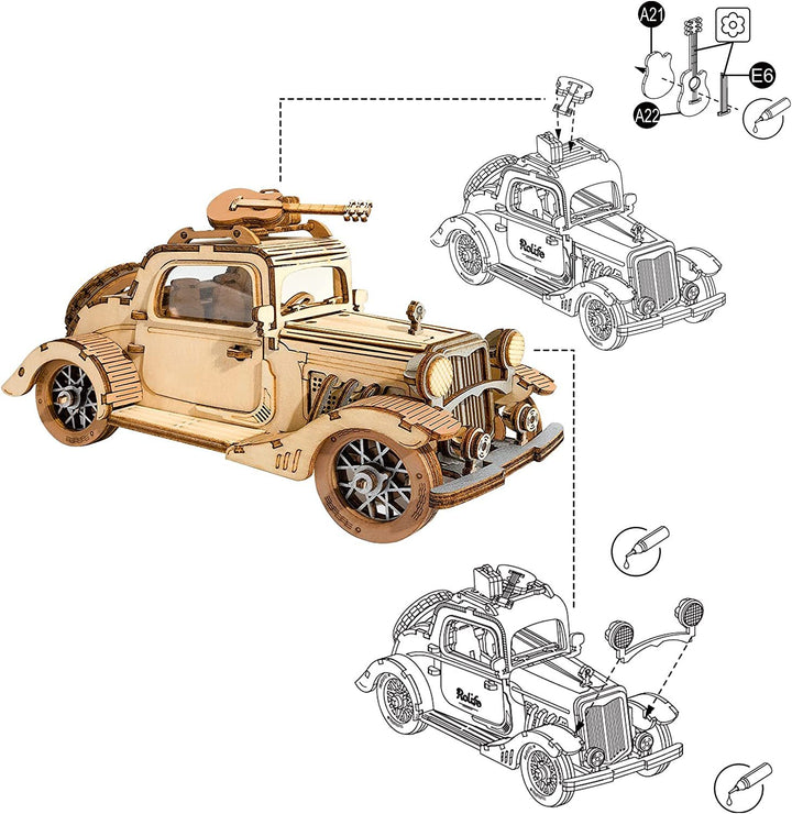 RoboTime Rolife Vintage Car Model 3D Wooden Puzzle Toys for Chilidredren Kids