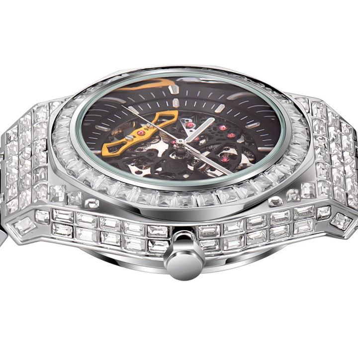 Hip Hop Full Square Diamond Luminous Hold Mechanical Watch