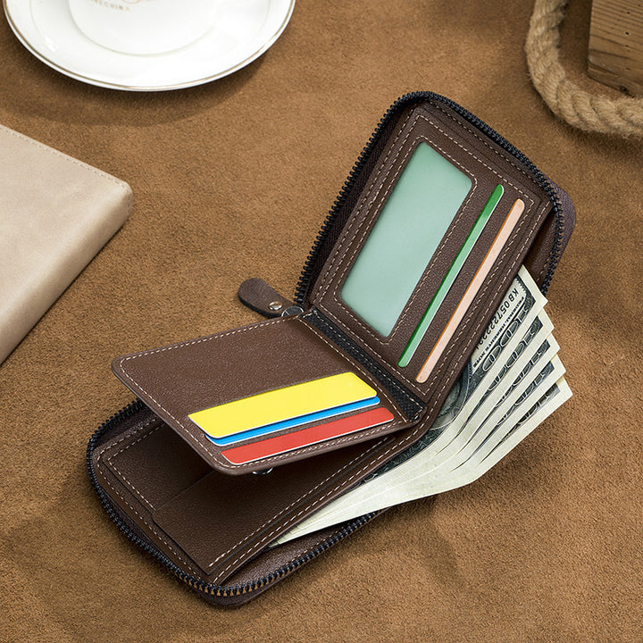 Men's Short And Simple Zipper Tri-fold Multifunctional Wallet