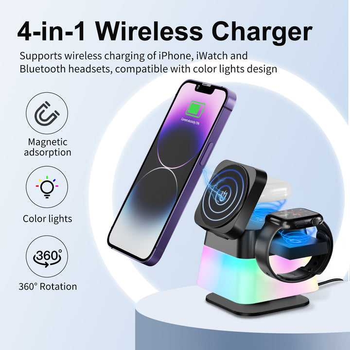 4 I 1 Rotertable Colorful Lighting Wireless Charger Stand för telefon 15 14 13 12 Pro Max 8 7 Holder Magnetic Fast Charging Station
