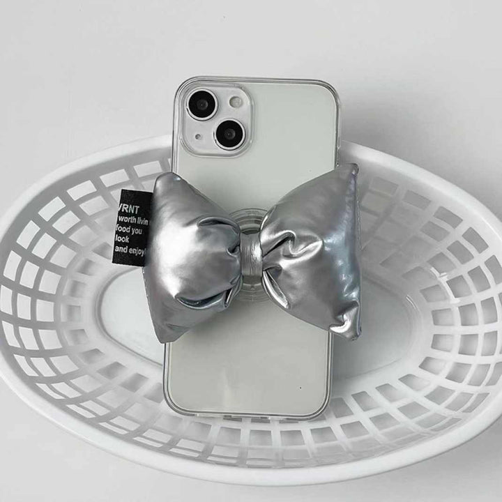 Transparent Soft Shell Silver Bow Down Stand Phone Case