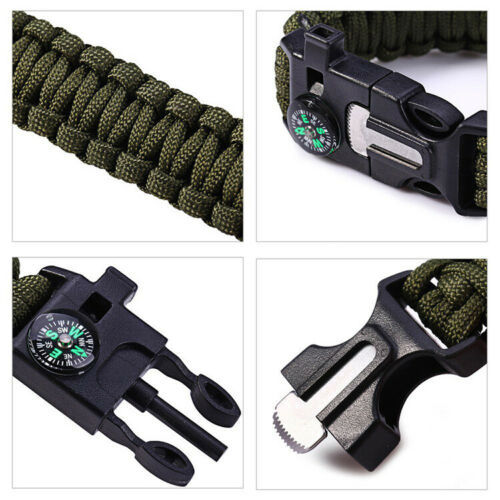 Braceletas de paracord de emergencia, pulsera de supervivencia con accesorios de inicio de incendio de Whistle de brújula incrustada, traje para caminar, acampar, pescar y caza