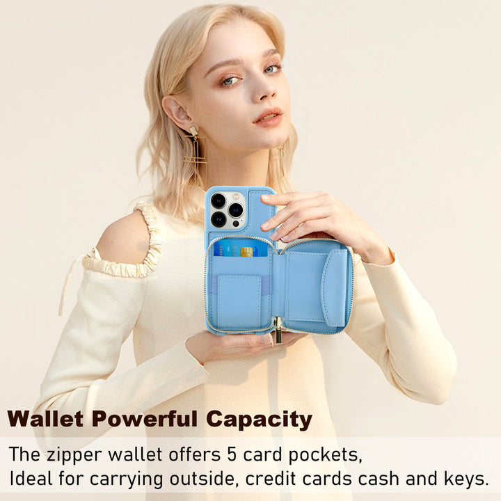 IPhone14Pro Case de teléfono Crossbody Zipper Multifuncional soporte para la tarjeta Tipo de billetera de cuero protector aplicable