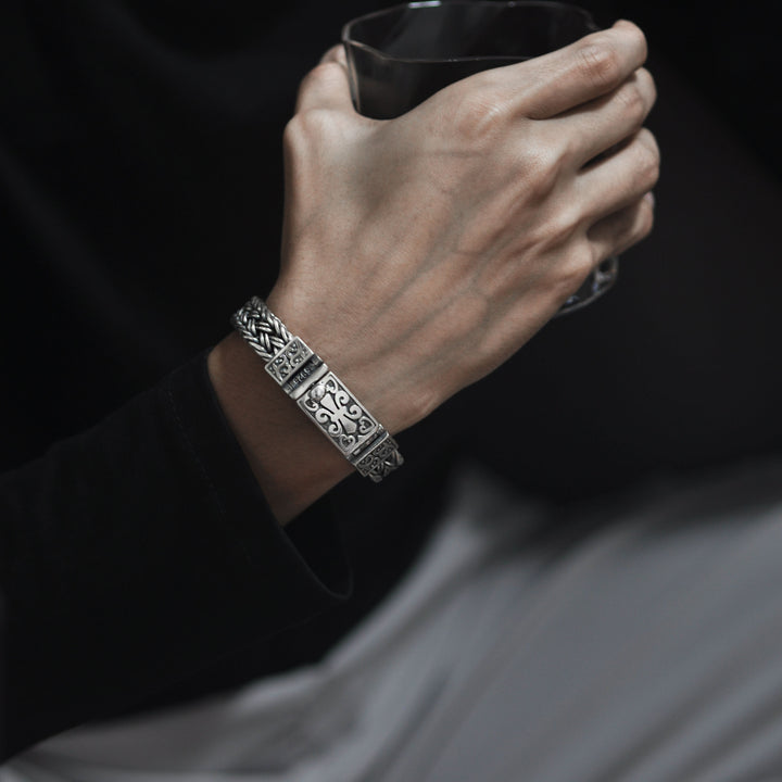 S925 Silver Wide Version Braided Bracelet Men's Thick Generous Ring Buckle Interlock Bracelet