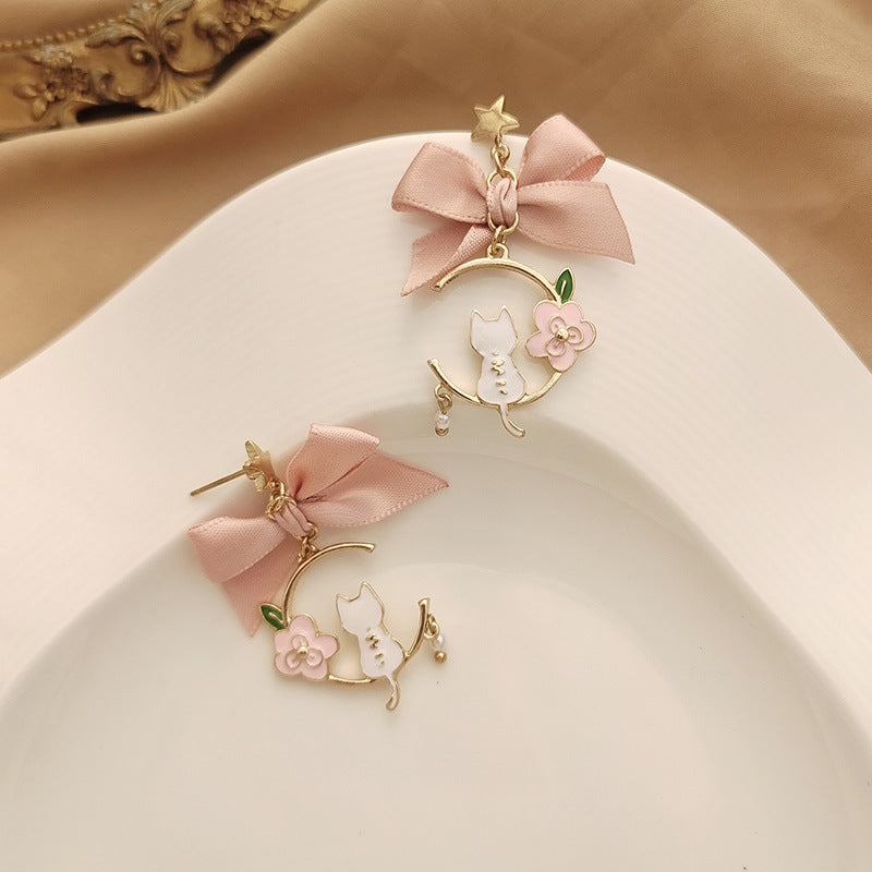 Creative Bowknot Drop Oil Imitation Pearl Star Flower Kitten Earrings
