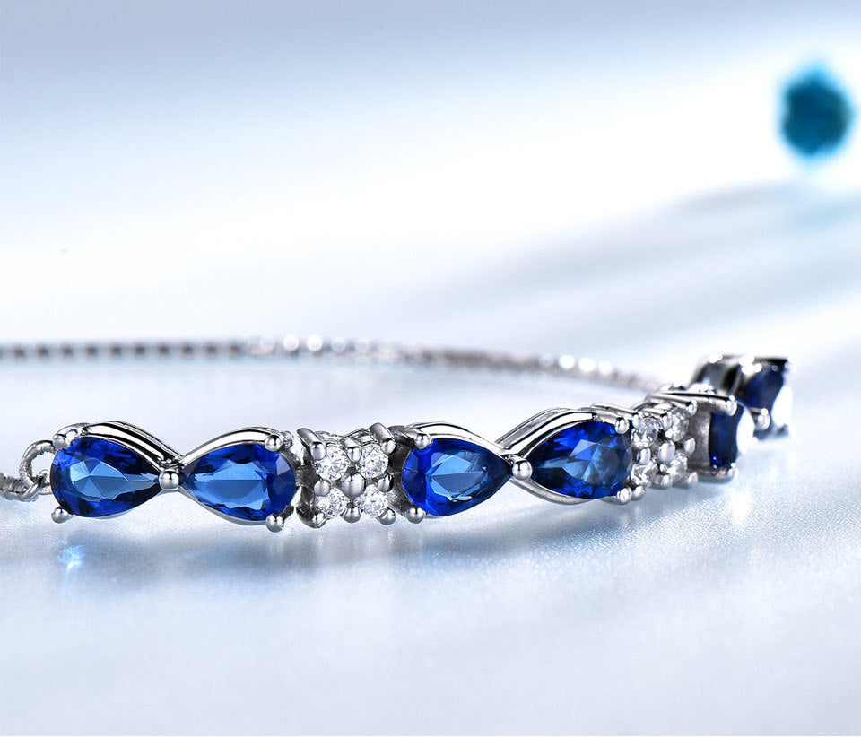 S925 Sterling Silver Blue Sapphire Box Chain Justerbar armband för kvinnor