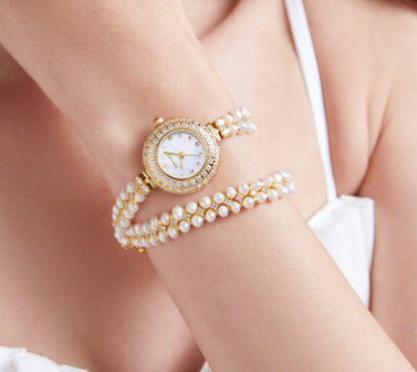 Zoetwater parelhorloge betaalbare luxe mode -sieraden volle diamant dames