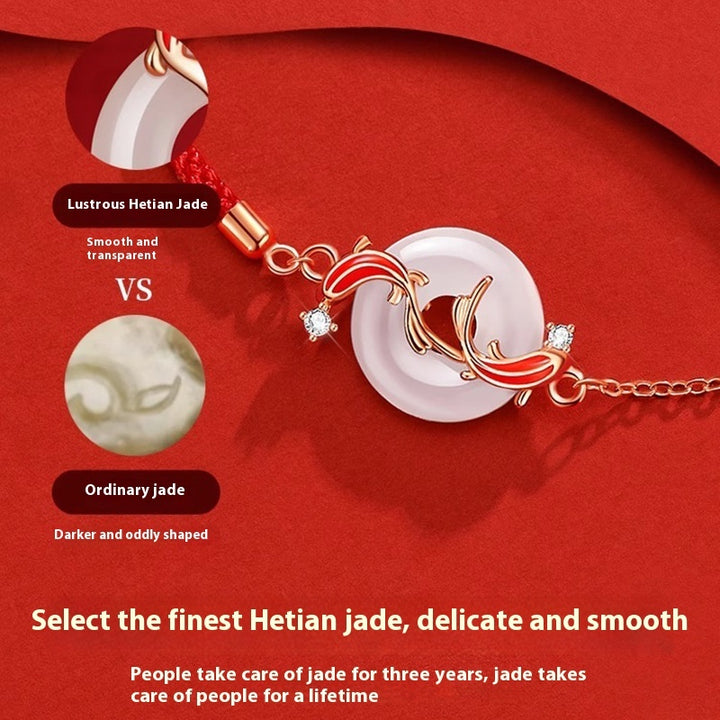 Landing Koi Hetian Jade Safety Buckle Bracelet S925 Sterling Silver Red Rope Animal Year Lucky Bead