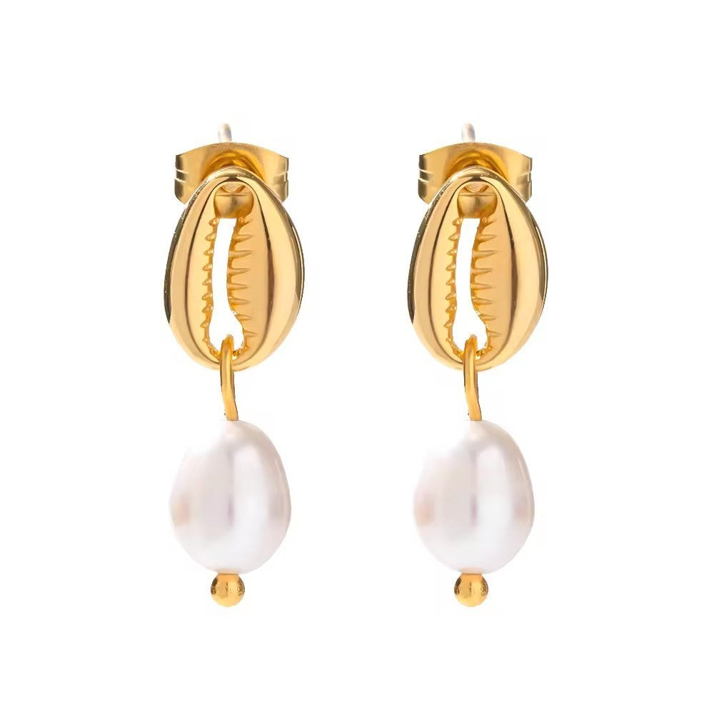18k Gold Stainless Steel Freshwater Pearl Ginkgo Pendant Earrings