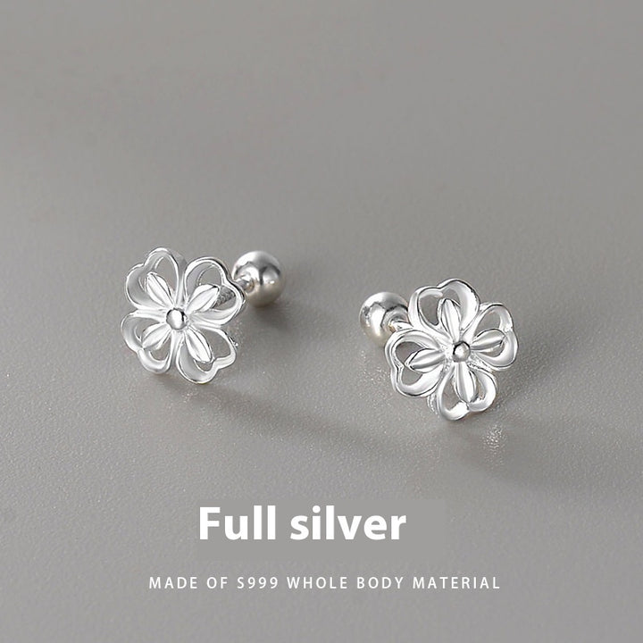 S999 Sterling Silver Sweet Flowers Cute Screw Ear Bone Stud Earrings Full Body Silver Female