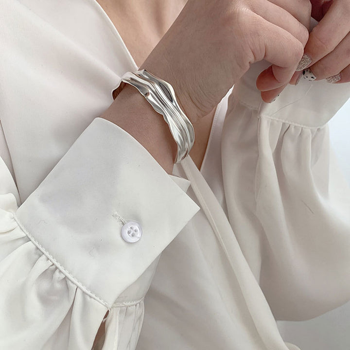 Irregular Fold Texture Opening Wide S925 Sterling Silver Bracelet Women