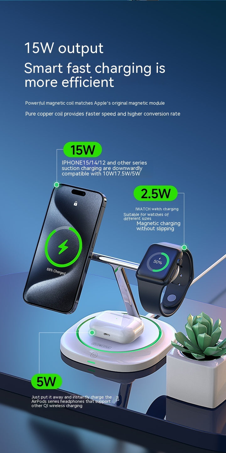 Мобилен телефон три в едно 15W магнитно засмукване безжично зарядно устройство Magsafe зарядно за слушалки за слушалки