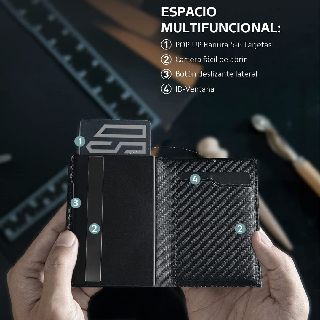 Fibra de carbono Gran capacidad Caja automática de aluminio Ant-thtt Swiping Múltiples ranuras para tarjetas Tri Fold Billetera