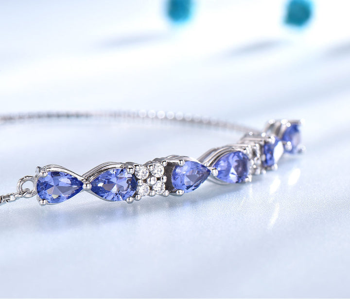 S925 Серебряный серебряный синий сапфировый цепь регулируемый браслет для женщин