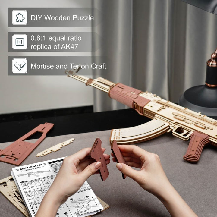 Robotime Rokr Otomatik Tüfek AK-47 3D Ahşap Montaj Tabancası Çift Ateş Modları Çocuklar İçin Komik Diy Oyuncaklar Yetişkinler Adalet Guar LQ901