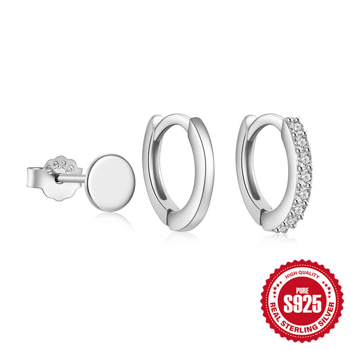 S925 Sterling Silver Fashion Yksinkertainen mini Geometrinen kiiltävä pyöreä kahdeksan pisteinen tähdet Yksirivinen zirkonisarjakorvakorut