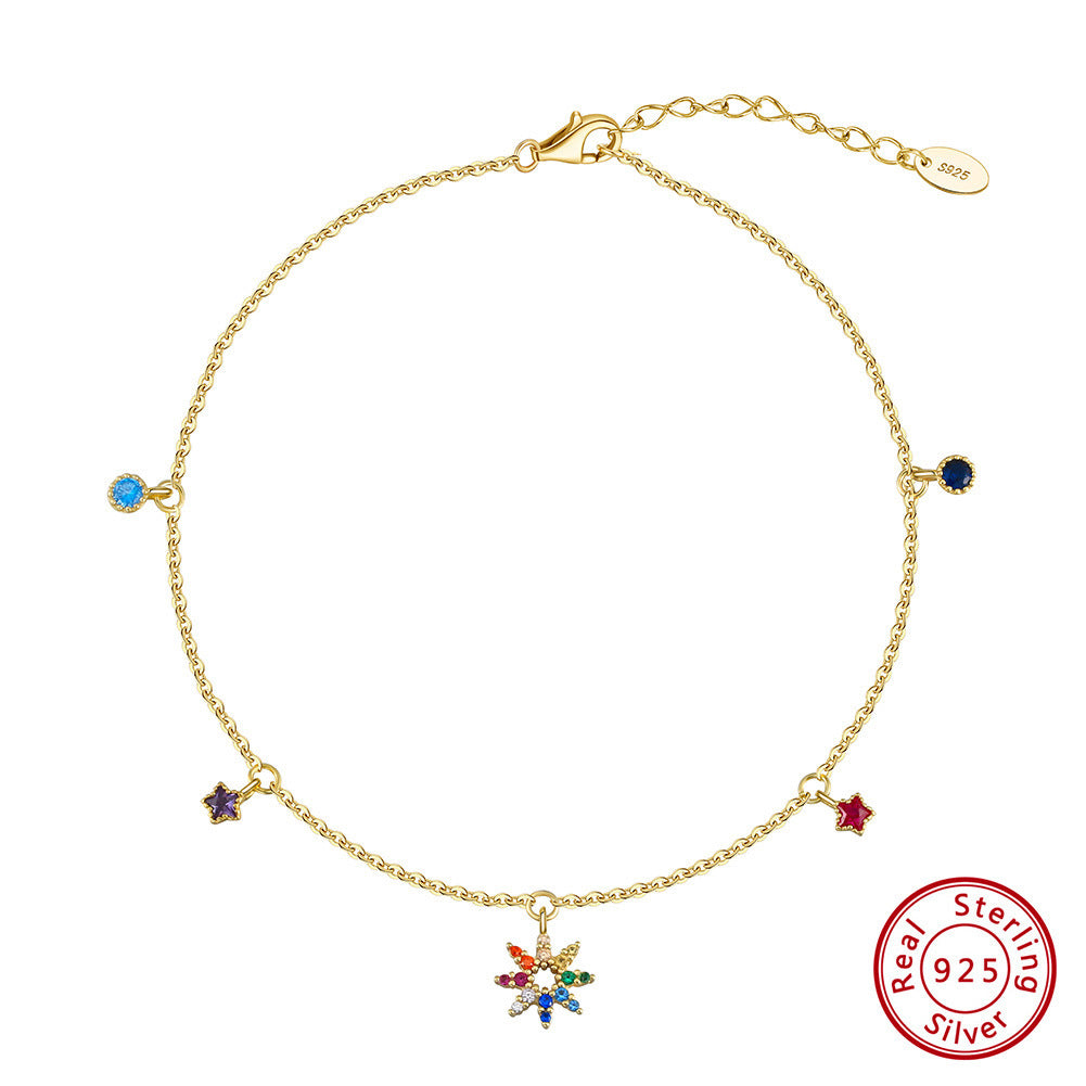 S925 Ornamento anklet zircone a colori in argento sterling