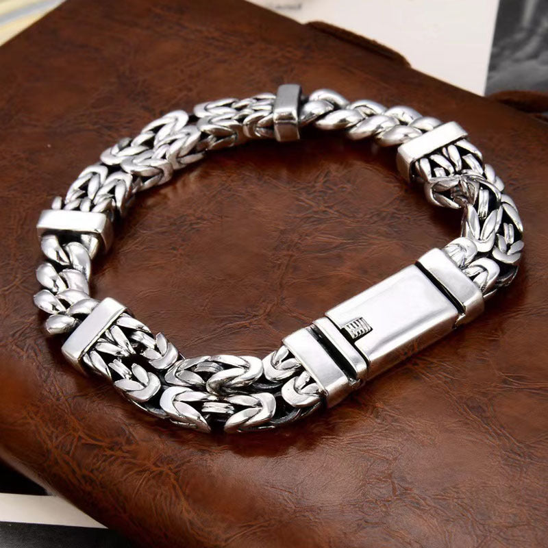 S925 Sterling Silver Trendy Pulsera personalizada para hombres Nuevo patrón de seguridad de doble tejido de estilo chino Cadena hecha a mano