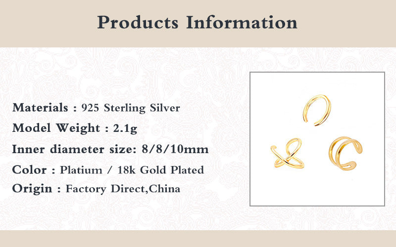 Ornament enkel S925 Sterling sølv 3-delt øreløse øreringer