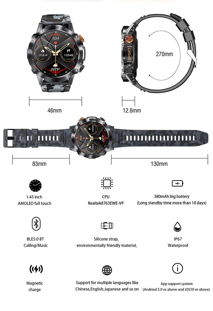 K59 Bluetooth голяма батерия на открито спортен часовник