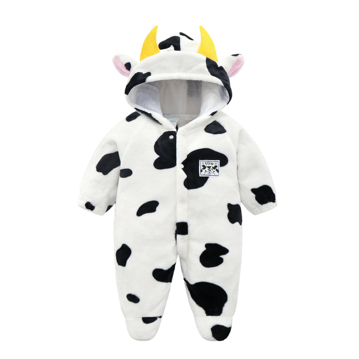 Baby Cow Hooded Crawling Clothes Flannel One Piece Clothes 0 1 Mann og kvinnelig baby yttertøy