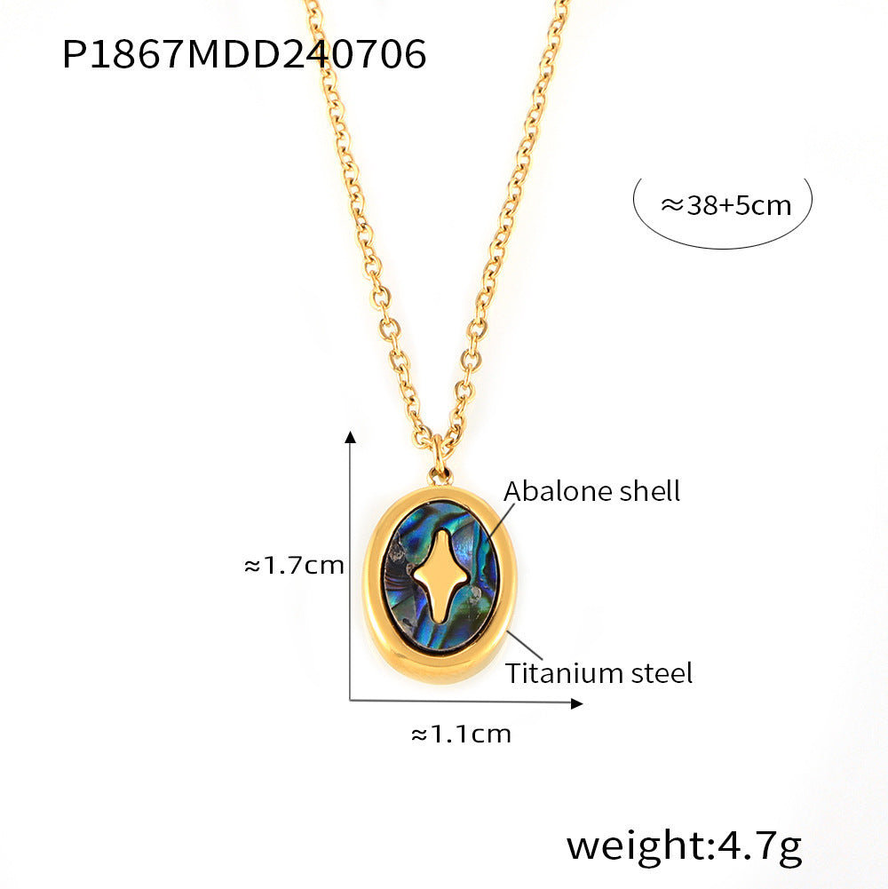 French Cross Light Oval Colorful Real Shell Pendant Titanium Steel Gold-plated Necklace