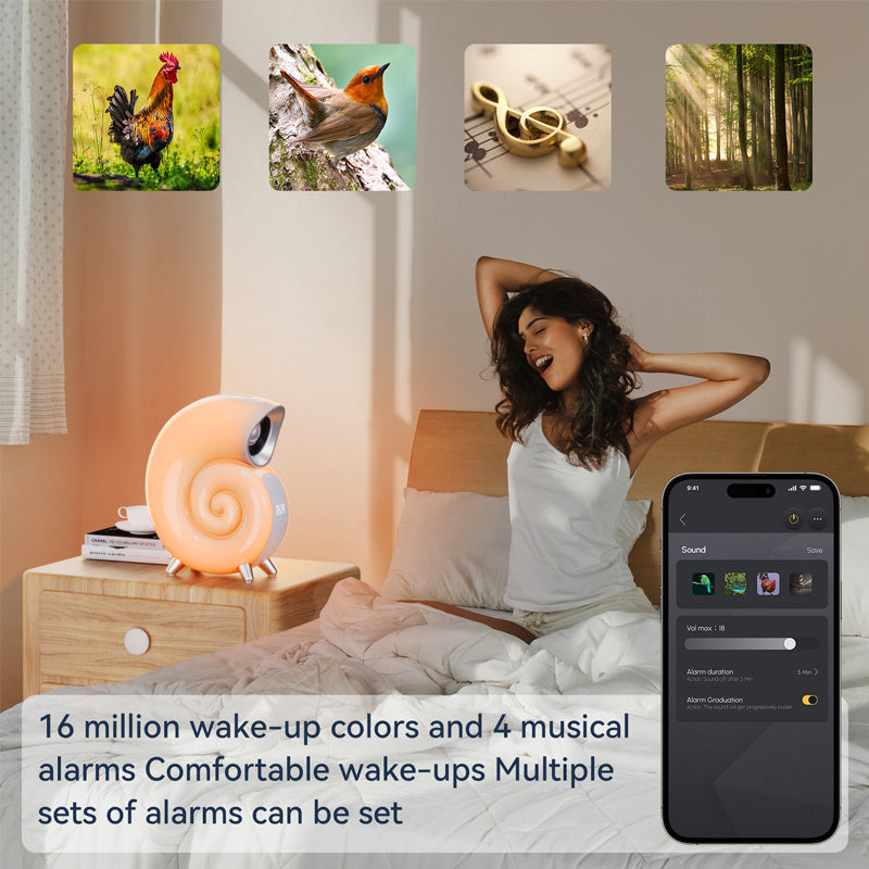 Conch Smart RGB atmosferă ușoară Bluetooth Difuzor alarmă lampă de trezire Mașină de zgomot alb pentru dormit pentru bebeluși Controlul aplicației