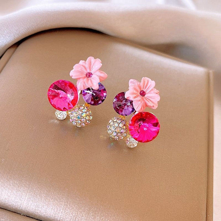 Vintage Color Contrast Diamond Flower Stud Earrings Fashion