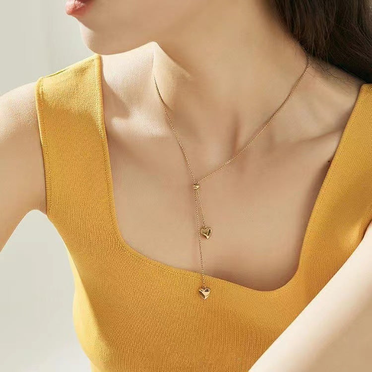 Korean-style Three-dimensional Glossy Double-heart Necklace