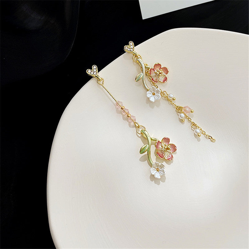 Women's Heart Long Cross Design Flower Earrings