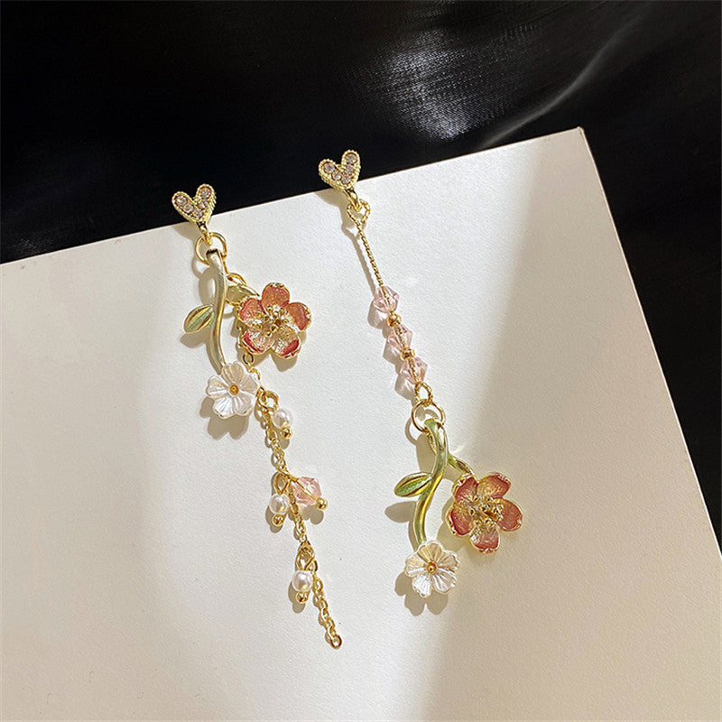 Women's Heart Long Cross Design Flower Earrings