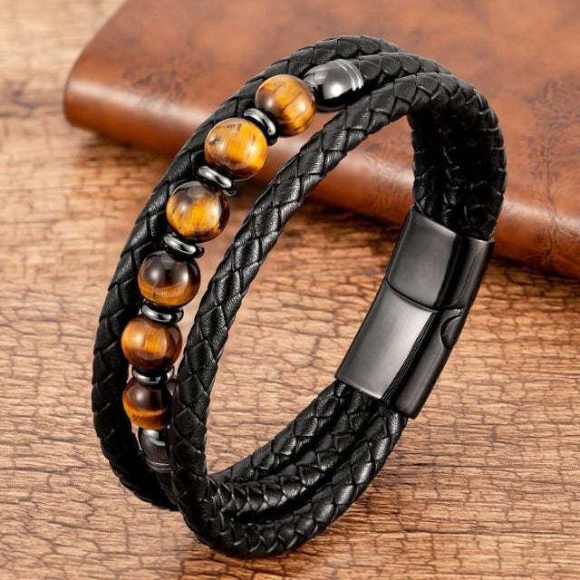 Bracelet de cordon en cuir en pierre rond à trois couches tissé de la mode