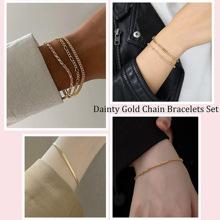14K Gold Plated Women's Herringbone Chain Bracelet Set
