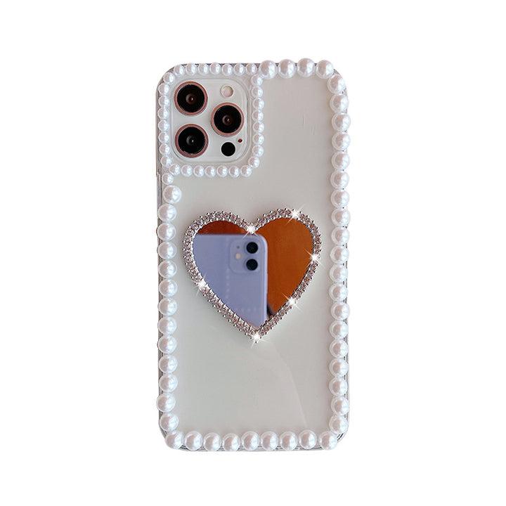 Akryl Pearl Heart Mirror Rhinestone mobiltelefonskall