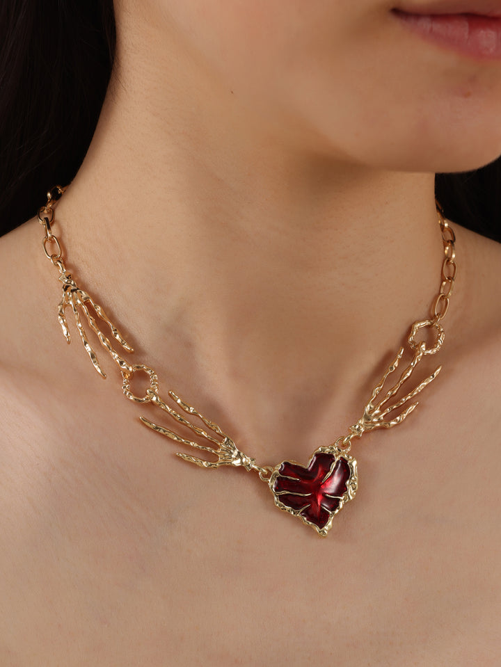 Dark, Sweet, Cool, Spicy Girl Punk Exaggerated, Dark Red, Love, Ghost Claw, Skeleton Hand Splicing Necklace